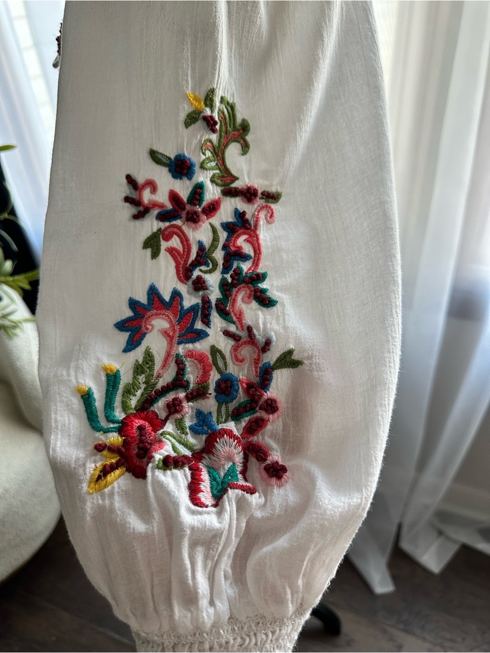 Sundance White Embroidered Peasant Blouse with Multicolor Floral Detail - Picture 5 of 10